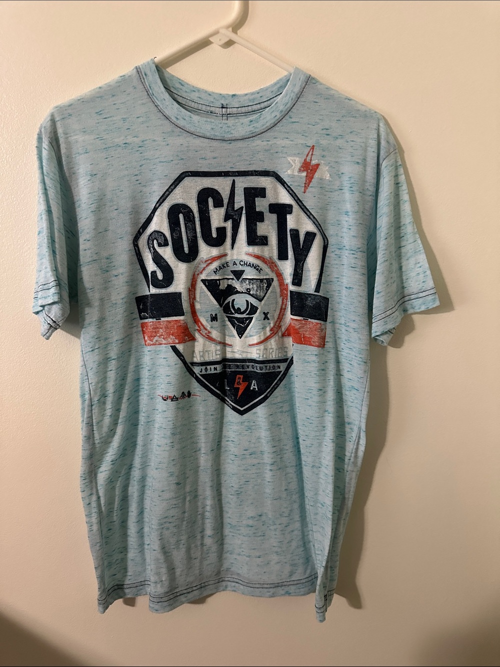 Society Light Blue Graphic Short Sleeve Tee with Navy and Orange Accents